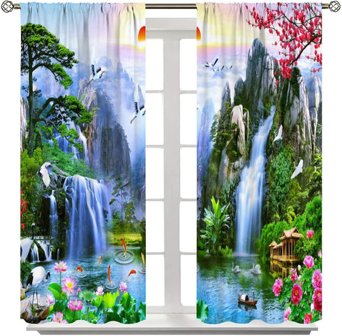 Waterfall Deocr Curtain, Surrounded Waterfall Rocky Lotus Fish Swan Landscapes Home Decor Windows Rod Pocket Curtain for Living Room Bedroom Kitch...