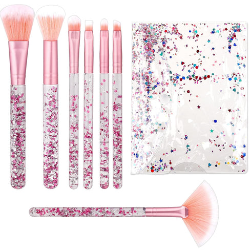7 PCS Makeup Brushes, Crystal Sparkles Cute Fan Blush Foundation Powder Lip Highlight Eye Shadow Eyebrow Concealers Brush Set with Sequins Handle ...