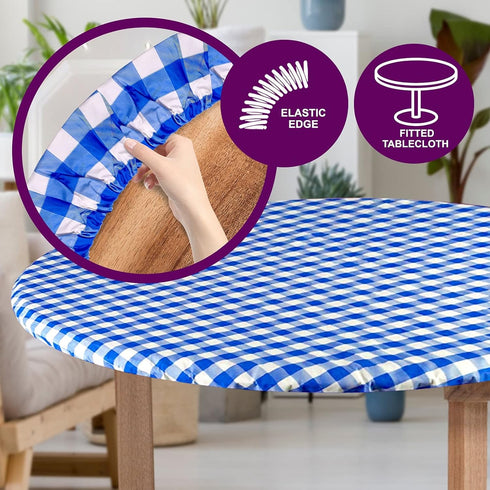 Sorfey Round Tablecloth -Fitted with Elastic, Vinyl with Flannel Back, Fits for Table 60 Inches Round,Water Proof, Easy to Clean, Checked Blue Des...