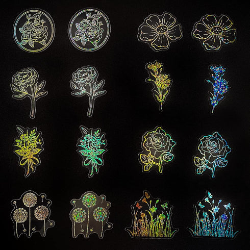 Holographic Glitter Flower Stickers (100 Pieces), Large Transparent Waterproof Stickers, Decorative Plant Stickers for Scrapbooking, Bullet Journa...