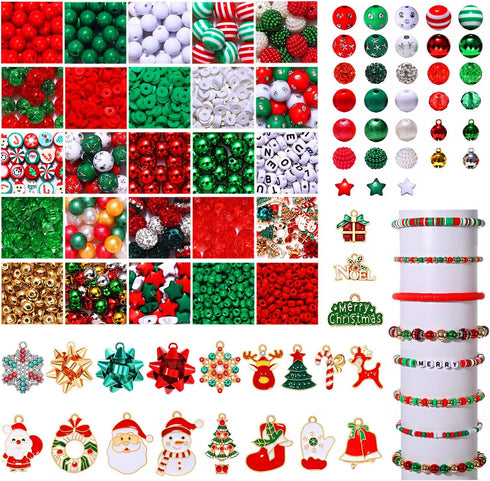 2400PCS+ Christmas Beads for Jewelry Making, Enamel Christmas Charms Bulk, Red Green Christmas Clay Rhinestone Crystal Acrylic Loose Beads Letter ...