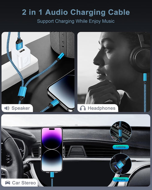 iPhone Aux Cord for Car, Lightning to 3.5mm Aux Cord 2 in 1 Audio and Charging Cable for Car Home Stereo Speaker Headphone Car Charger Compatible ...