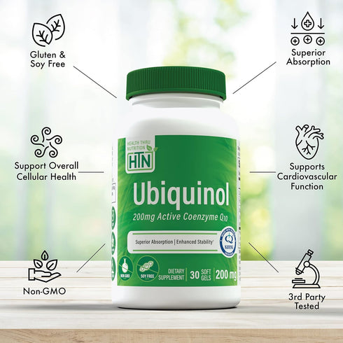 Health Thru Nutrition Ubiquinol 200mg 30 Softgels as Kaneka QH Reduced CoQ-10 | Stabilized - 3rd Party Tested | Enhanced Bioavailability | Cardiov...