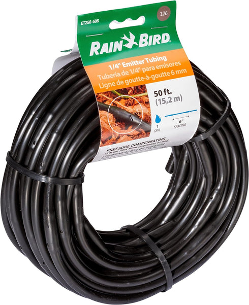 Rain Bird ET256-50S Drip Irrigation Pressure Compensating 1/4" Emitter Tubing, 6" Emitter Spacing, 50 Roll, Brown...