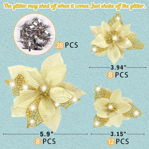 Geefuun 28PCS Christmas Tree Decorations: Poinsettias Artificial Flowers Ornaments Xmas Gold Glitter Flower with Clips...