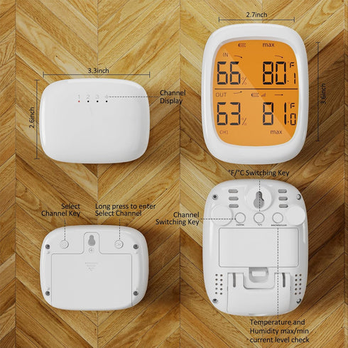 Indoor Outdoor Thermometer Wireless, Display Digital Thermometer, Humidity Meter Thermometer, Temperature Hygrometer Monitor with 330ft Range 3 Ch...