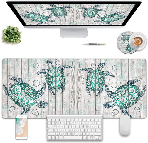 Large Gaming Mouse Pad, Long Extended XL Ergonomic Mousepad Desk Pad, Large Rubber Mice Pads Stitched Edges, 31.5'' X 11.8'+ Cup Coaster, Sea Turt...