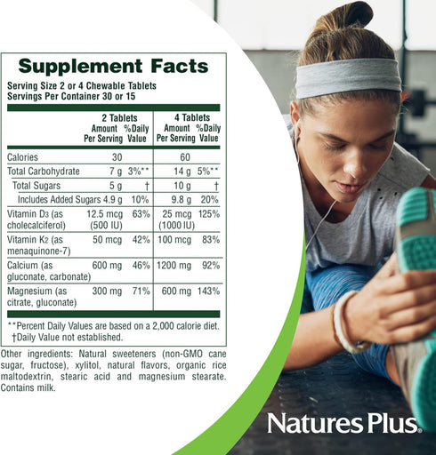NaturesPlus Chewable Cal/Mag/VIT D3 with Vitamin K2 - 60 Chewable Tablets - Vanilla Flavor - Bone Health Supplement with Calcium , Magnesium , Vit...