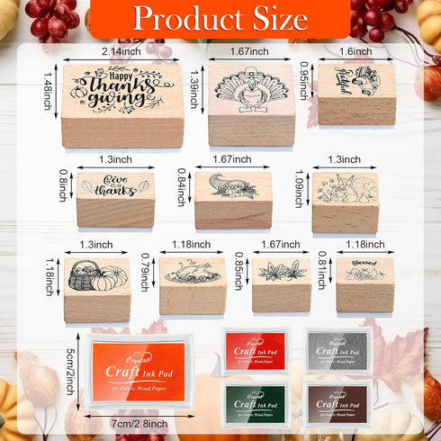 15 Pieces Thanksgiving Wooden Rubber Stamps and Craft Ink Pads Wooden Rubber Stamp for Scrapbooking and DIY Craft Card Stamps Pads for Kids Stamps...