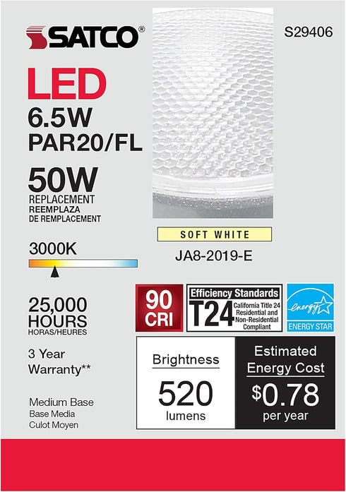 Satco S29406 6.5 Watt; PAR20 LED; 3000K; 120 Volt 6-Pack California Compliant Replaces S9406...