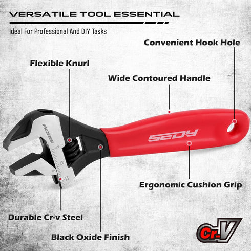 6" Adjustable Wrench Pipe Spanner: Wide Jaw Black Oxide Wrench With Cushion Grip, Laser Marked Metric & SAE Scales, CR-V Steel, for Professionals...