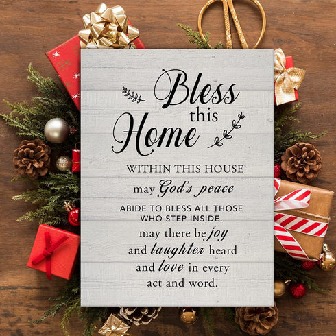 New Home Religious Wall Art Bless This Home Canvas Print with Inspirational Quote Framed Artwork Painting for Rustic Home Wall & Tabletop Decor Ho...