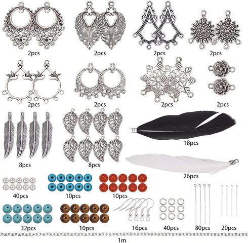 SUNNYCLUE 1 Box DIY 8 Pairs Bohemia Black White Long Feathers Dangle Hook Earring Making Kit with Instruction Jewelry Findings Making Crafts for W...