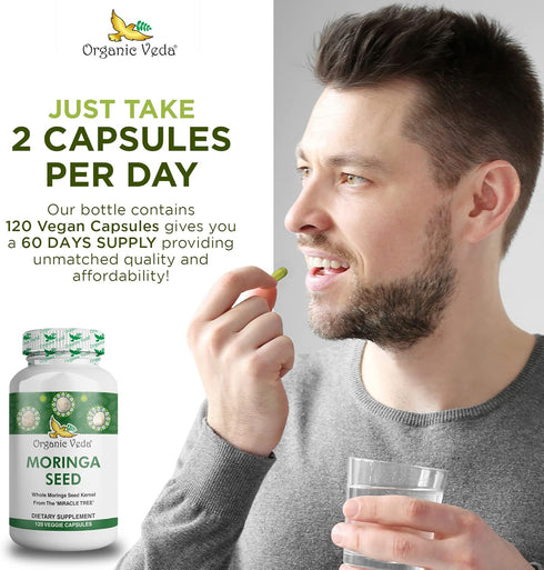 Organic Veda Moringa Seed Capsules, 1000mg - 100% Natural Moringa Seed Powder with Nutrients, Antioxidants, Vitamins, Minerals & Enzymes - Glowing...
