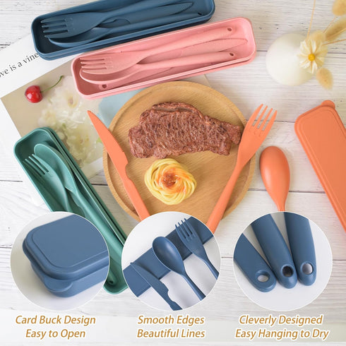 JIABEIUS Large Travel Utensils with Case, 4 Pack Wheat Straw Flatware Reusable Utensils, Portable Travel Cutlery Set for Lunch School Picnic Campi...