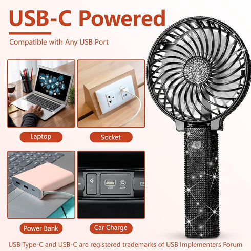 Mudder Crystal Bling Rhinestone Mini Handheld Fan Portable Usb Rechargeable Fan Battery Operated Small Folding Personal Fan for Girls Women Outdoo...