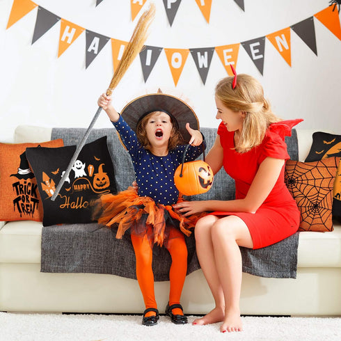 Whaline 4 Pieces Halloween Pillow Case, Orange and Black Pillow Cover, Happy Halloween Linen Sofa Bed Throw Cushion Cover Decoration (18" x 18")...