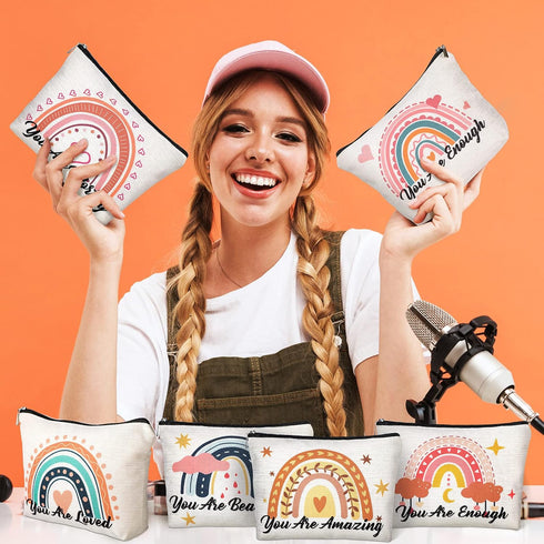 Chengu 6 Pcs Big Canvas Rainbow Heart Cosmetic Bags, 10 x 7.5 inch Inspirational Gifts for Women Motivational Quotes Makeup Bag for Women Girls Bi...