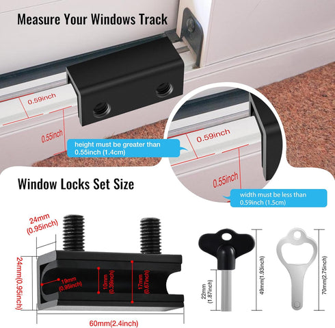 Window Locks, 4 Set Sliding Window Door Lock Security with Key for Vertical & Horizontal Sliding Windows Doors, Adjustable Security Window Lock fo...