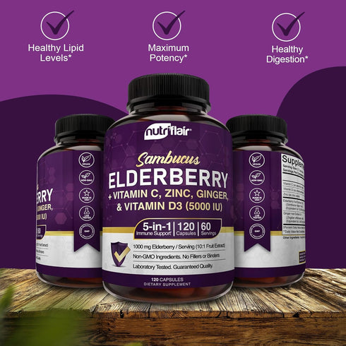 NutriFlair Sambucus Elderberry, 120 Veggie Capsules - 5 in 1 Immune Support and Antioxidant Supplement with Vitamin C, Vitamin D3 5000 IU, Zinc, G...