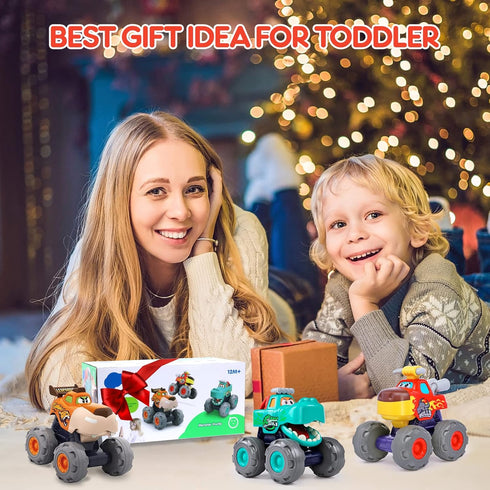 Toy Cars For 1 2 3 Year Old 3 Pack Monster truck Toy Push & Go Crocodile Friction Powered Bull Pull Back Leopard Car Big Wheel Animal Car Baby Toy...