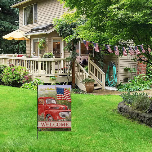 Welcome Summer American Red Truck 4th of July Decorative Garden Flag, House Yard Lawn Patriotic America Dog Outside Decor, USA Spring Home Outdoor...