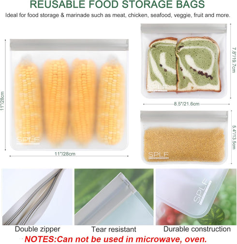 SPLF 12 Pack Dishwasher Safe Reusable Storage Bags(5 Reusable Sandwich 5 Snack 2 Gallon), Extra Thick Freezer Bags Leakproof Silicone and Plastic ...