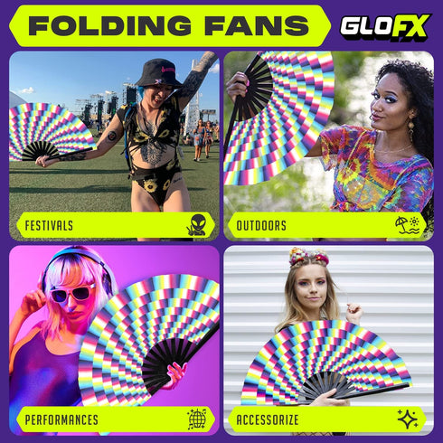 GloFX Folding Fan - Trippy - Large Rave Clack Folding Hand Fan for Men/Women - for EDM, Music Festival, Club, Event, Party, Dance, Performance, De...