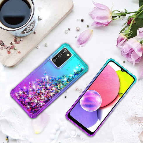 for Galaxy A03S Case,Samsung 03S Case with HD Screen Protector,Gradient Quicksand Glitter Liquid Floating Waterfall Durable Girls Cute Phone Case ...