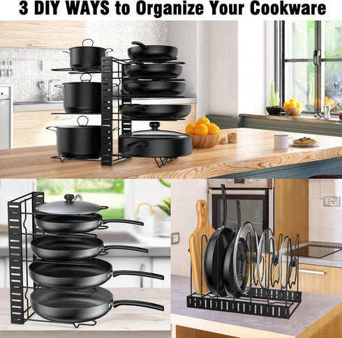 Pot Rack Organizer, 3 DIY Methods, Height and Position are Adjustable - 8 Pots Holder, Metal Kitchen Cabinet Pantry Pot Pan Lid Holder (BLACK)...
