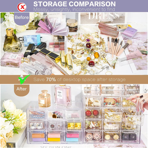 Desk Storage Organizer with 12 Mini Drawers, FODIENS Clear Desktop Craft Drawer Cabinet, Stackable Storage Box Caddy for Makeup Jewelry Office Cra...