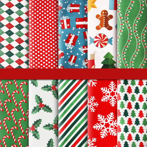 10 Pieces Christmas Cotton Fabric Squares Precut Quilting Fabric Patchwork Christmas Snowflake Print Red Green Fabric for Xmas Sewing Crafting DIY...