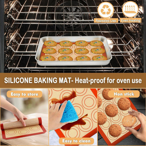 Mini Toaster Oven Pan with Rack & Mat Set, P&P CHEF 9 Inch Stainless Steel Small Toaster Oven Tray with Wire Rack & Silicone Mat for Small Oven & ...