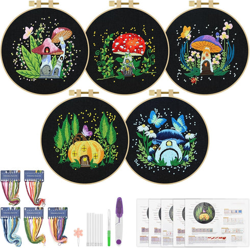 ERKOON 5 Sets Embroidery Kit for Beginners, Art Craft Handy Sewing Set Mushroom Cross Stitch Starter Kits, DIY Embroidery Kits with Patterns and I...