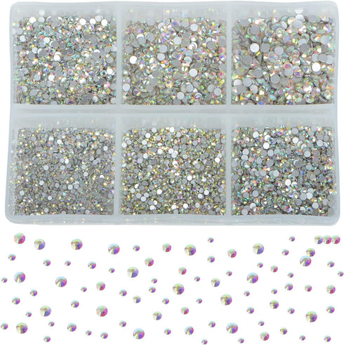 Bymitel 7200 Pieces 6 Mixed Sizes Glue Fix on Glass Rhinestones Round Crystal Gems Flatback for DIY Jewelry Making with one Picking Pen (6-Sizes 7...