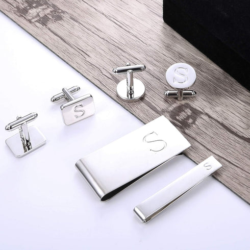 JOERICA 6 PCS Engraved Initial Cufflinks Tie Bar Money Clip Set Shirt Alphabet Letter Wallet Tie Clip and Cufflink Set...