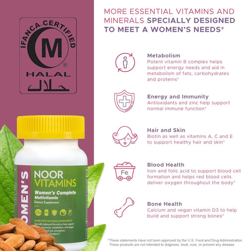 Noor Vitamins Halal Womens Multivitamin & Mineral I Once Daily Vitamin Supplement I Vegan | Supports Energy, Immunity, Metabolism, Healthy Appeara...