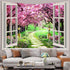 Japanese Cherry Blossom Window Tapestry Tree Forest Path Pink Flowers Window Tapestry Botanical Floral Natural Landscape Aesthetic Tapestry for Li...