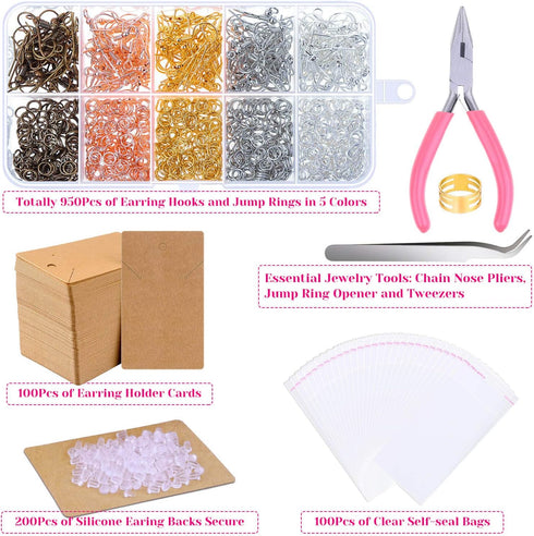 Earring Making Supplies, Paxcoo 1350pcs Earring Making Kit with Earring Hooks, Jump Rings, Pliers, Earring Backs, Earrings Holder Cards and Clear ...