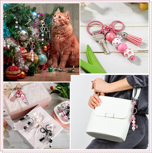 Landical 12 Sets Metal Beadable Keychain Bars with Wood Dog Paw Bone Beads Wooden Beads Bulk Pets Footprint Charm Animal Beads Keychain Kit for Ki...