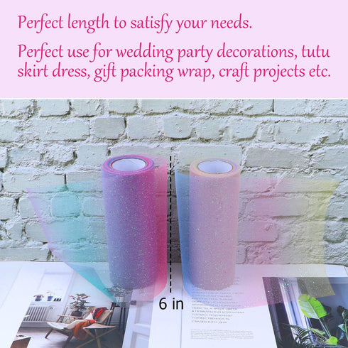 AUEAR, 2 Pack Rainbow Glitter Tulle Netting Rolls for Table Runner Chair Sash Bow Wedding Unicorn Party Pet Tutu Skirt Sewing Crafting Fabric Birt...