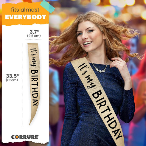 CORRURE 'It's My Birthday' Sash Glitter with Black Foil - Gold Glitter Birthday Sash for Women and Men - Happy Birthday Sash for Girls, Sweet 16, ...