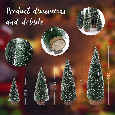 Tiny Christmas Trees, 4pcs Mini Artificial Xmas Sisal Snow Frost Tabletop Trees, Green Bottle Brush Trees with Wood Base, for Christmas Décor...