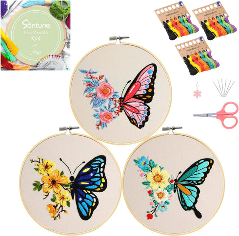 Santune 3 Pack Embroidery Kit for Beginners Adults Cross Stitch Kits for Beginners Hand Embroidery with Butterfly Patterns and Instructions DIY Ki...