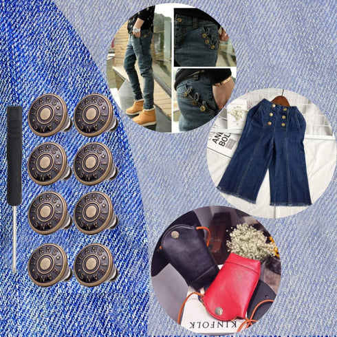 8 Sets Replacement Jean Buttons,No Sew Removable Metal Button for Jeans,17mm Button Repair Kit with Screwdriver in Plastic Storage Box.Fit for Any...
