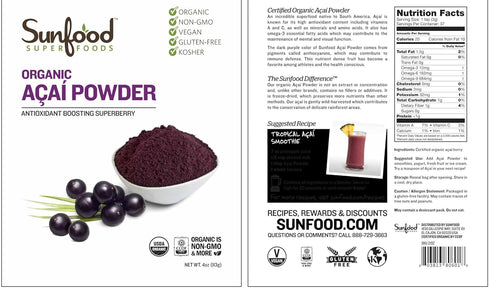 Sunfood Superfoods Organic Acai Powder - Acai Powder Organic, Acai Powder for Smoothie Bowles, Dried Acai Berry Mix with Antioxidants & Vitamin C,...