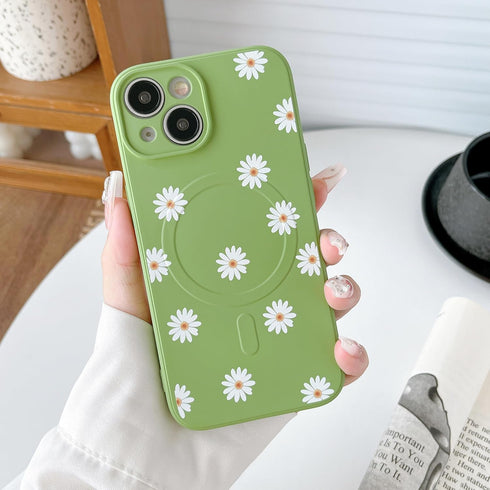 ZTOFERA Magnetic Case for iPhone 13,Wireless Charging & Daisy Floral Pattern Designed with Soft Liquid Silicone Full Body Shockproof Slim Protecti...