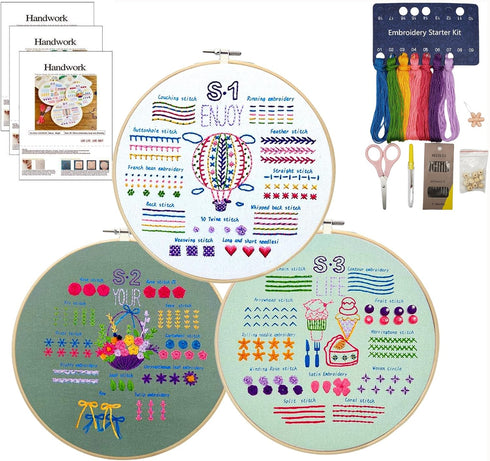 Ahapego Embroidery Kit for Beginners Adults, 3 Sets Hand Embroidery Kit DIY Crafts, Embroidery Stitch Practice Kits with Stamped Pattern, Easy to ...
