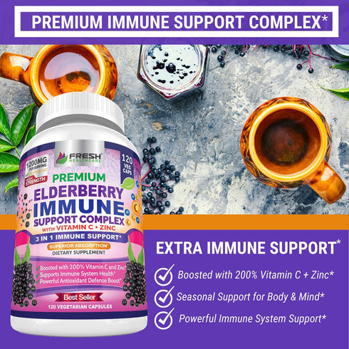 FRESH HEALTHCARE Elderberry Capsules - High Potency Black Elderberry with Zinc and Vitamin C - Premium Elderberry Vitamins for Adults - 3 in 1 Imm...