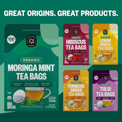 FGO Organic Moringa Mint Tea, 20 Count, Eco-Conscious Herbal Tea Bags, Resealable Bag, Caffeine Free, Packaging May Vary (Pack of 1)...
